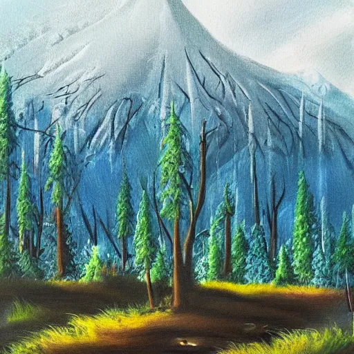 Prompt: rainy forest with tall snowy mountains in the background, beautiful art illustration, oil on canvas