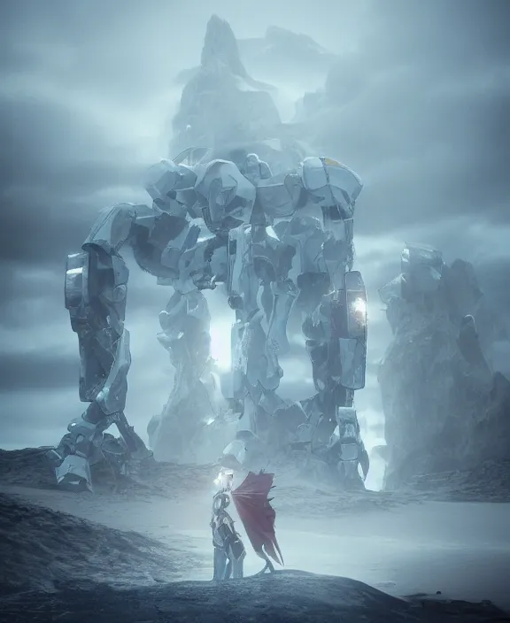 Image similar to surreal romantic mecha covenant deformation tower, futuristic berserk white architecture in the beach in iceland, foggy, highly detailed, digital painting, arstation, concept art, hyperealistic octane render, unreal engine,