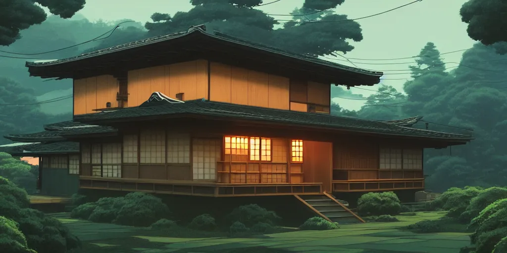 Prompt: twilight lighting, moody, atmospheric, solarpunk, old traditional japanese sleek modern mansion made of wood in a green garden, with a front porch, on the lonely hill by ghibli studio and victor ngai, ghost in the shell, akira, pixar highly detailed, 8 k h 5 7 6