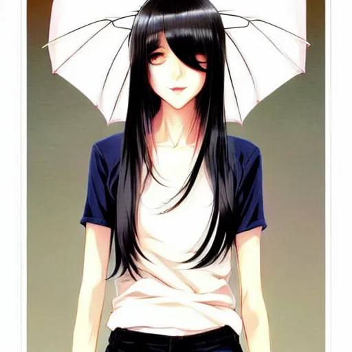 Image similar to attractive elegant sophisticated reservedyoung woman, slim figure, perfect silky straight hair, smooth tan skin, dark circles under bemused eyes, hip emo fashion, tshirt!!, shorts!!, illustrated for newtype magazine!! by range murata!!!, pinterest, very interesting digital painting, beautiful portrait!!!