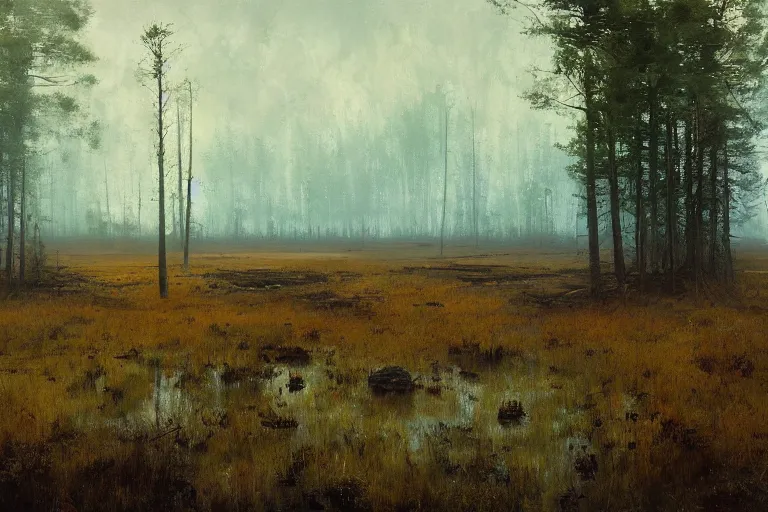 Prompt: painting of estonian bog landscape, by jeremy mann and greg rutkowski, dramatic, cinematic light, green, brown, blue, oil on canvas