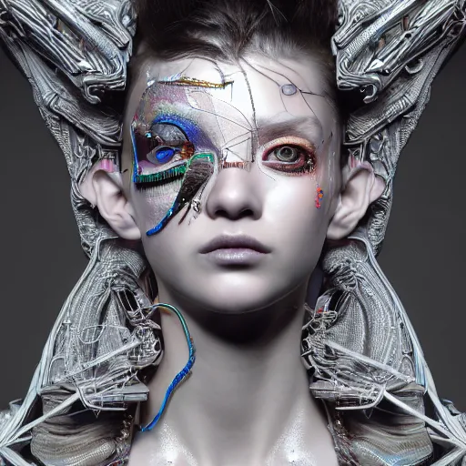 Image similar to the portrait of an absurdly beautiful, graceful, sophisticated, fashionable cyberpunk gravure idol, an ultrafine hyperdetailed illustration by kim jung gi, irakli nadar, matt wisniewski, tribal makeup, intricate linework, iridescent wiring, porcelain skin, unreal engine 5 highly rendered, global illumination, radiant light, detailed and intricate environment