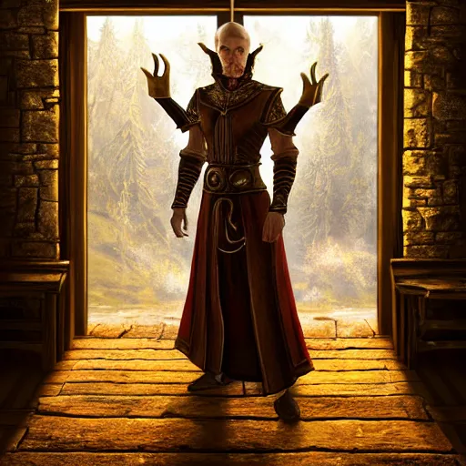 Image similar to the elder scrolls vi majestic gracious high elf merchant portrait, indoors rustic clothing shop, painted, dark room, one point of light coming through the window, atmospheric lighting, painted, intricate, volumetric lighting, beautiful, golden hour, sharp focus, ultra detailed, by mark kent, jordan lamarre - wan, igor kieryluk, maxim verehin, miranda meeks