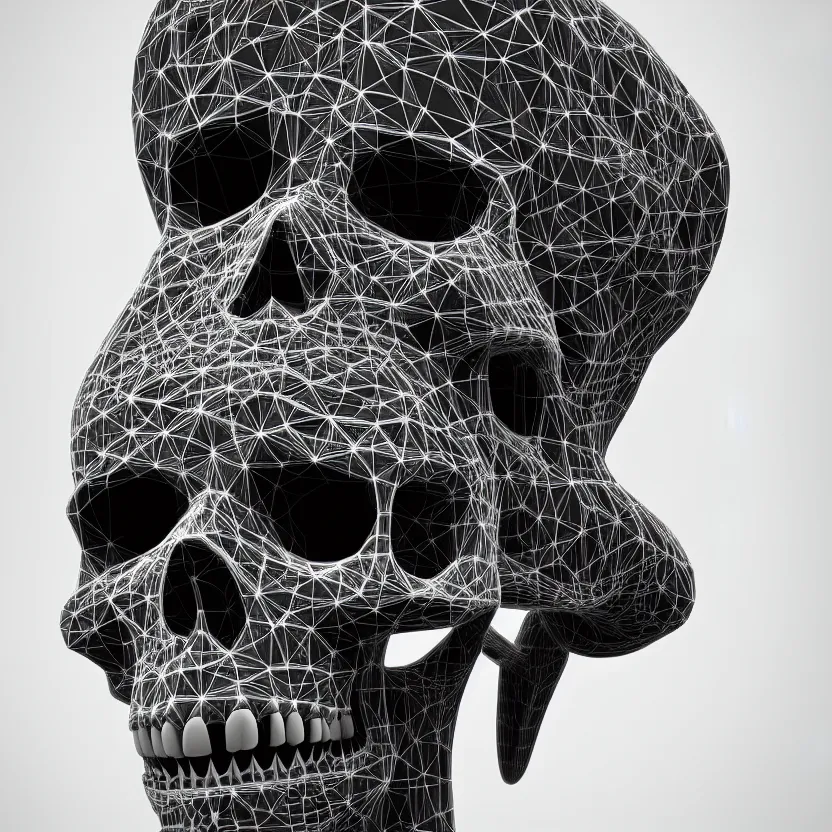 Image similar to black and white light 3D geometry, skull, matte bright highly detailed, poetic, 3D render, digital art, octane render, 8K artistic photography, photo-realistic, by Dora Maar