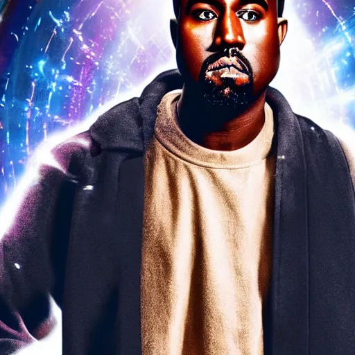 Image similar to a full body photograph of kanye west as'doctor who ', time vortex in the background, detailed face, symmetrical face, extreme realism and detail, 8 k, completely framed, direct lighting, 3 5 mm photo, photorealistic, sharp focus