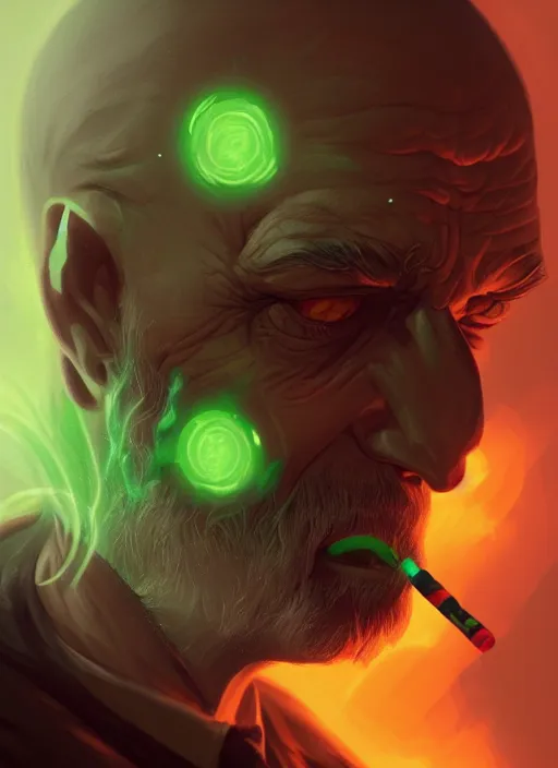 Image similar to a highly detailed illustration of bald old man smoking with green glowing eyes, dramatic smoking pose, nuclear background, intricate, elegant, highly detailed, centered, digital painting, artstation, concept art, smooth, sharp focus, league of legends concept art, wlop.