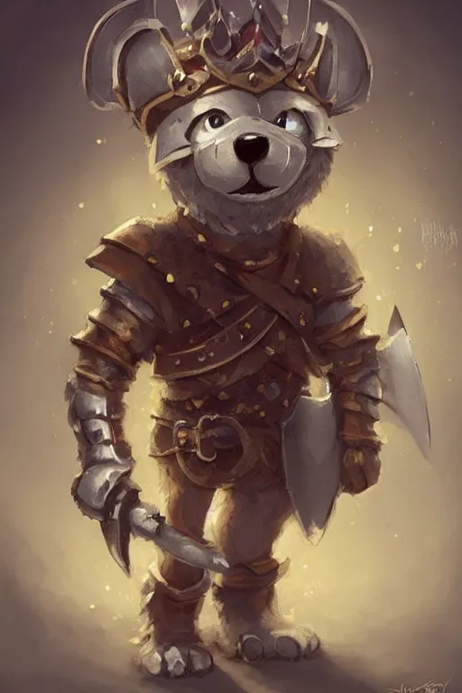 Image similar to cute little anthropomorphic bear knight wearing a cape and a crown, tiny, small, miniature bear, baby animal, short, pale blue armor, cute and adorable, pretty, beautiful, DnD character art portrait, matte fantasy painting, DeviantArt Artstation, by Jason Felix by Steve Argyle by Tyler Jacobson by Peter Mohrbacher, cinematic lighting