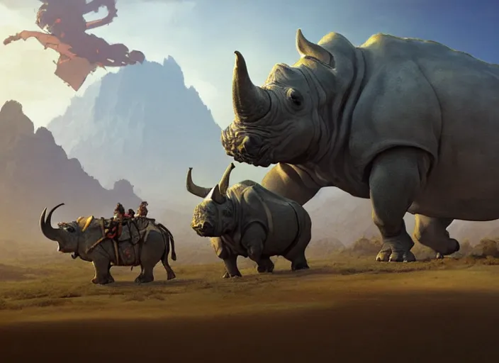 Image similar to the big large expedition with a lot of explores, warriors and adventurers, being brought by gigantic rhinos carrying stuff towards the desert of duhnes medium shot, studio ghibli animation, anime key art by craig mullins, bloom, dramatic lighting