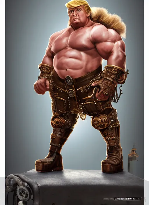 Image similar to steampunk dwarf donald trump is a muscular bodybuilder, au naturel, hyper detailed, digital art, trending in artstation, cinematic lighting, studio quality, smooth render, unreal engine 5 rendered, octane rendered, art style by klimt and nixeu and ian sprigger and wlop and krenz cushart.