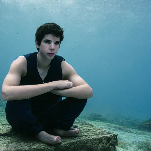 Image similar to a 70mm photograph of percy jackson, sitting and contemplating underwater