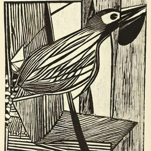 Prompt: a townsend's warbler perched on the back of an adirondack chair, german expressionist woodcut, kathe kollwitz, ernst ludwig kirchner, max beckmann, max pechstein, black and white