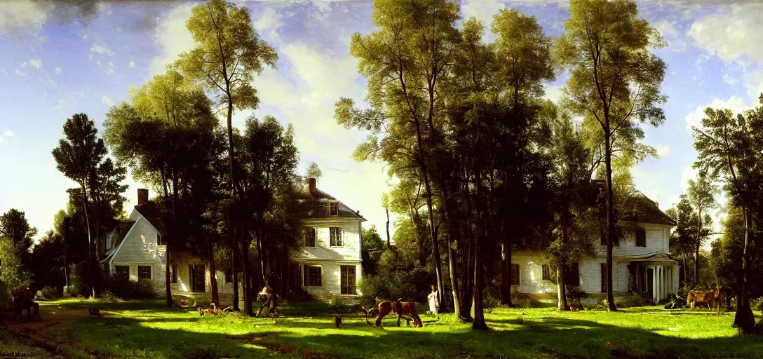 Prompt: a normal middle class american house, it has a driveway and a front yard with a tree in it, by vasily polenov, eugene von guerard, ivan shishkin, albert edelfelt, john singer sargent, albert bierstadt 4 k