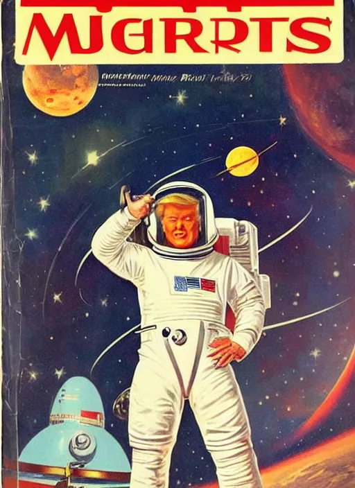 Prompt: 5 0 s sci fi pulp magazine cover of donald trump astronaut on mars holding a ray gun by norman rockwell, by drew struzan, high res