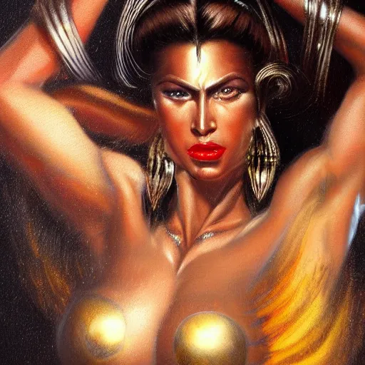 Image similar to detailed oil painting of tall hyper - muscular shining bronze - skinned warrior woman with silver eyes, with large sword, full body, with long wavy flowing black hair and big gold earrings, jewelry, red lipstick, makeup, feminine, volumetric lighting, dynamic composition, art by boris vallejo, scifi, concept art