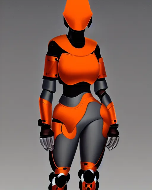 Prompt: concept art of a thicc female futurstic warrior, wearing a futuristic helmet, futurstic smooth slim fitted armor, sleek design, aerodynamic design, holding a large futurstic robotic bow, full body image, white and grey and orange gradient | | epic - fine - clean, polished, trending on artstation, brush strokes