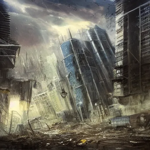Image similar to damaged city, high - tech, concept art, forest, tornado, war