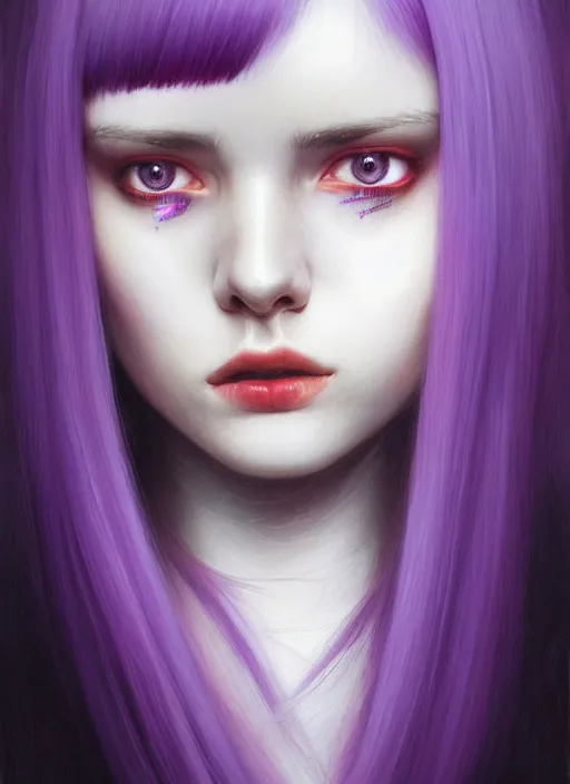 Image similar to hair whitebangs hair, black hair, whitebangs, portrait of teenage girl with white bangs, red irises, purple clothes, white bangs, bangs are different color from hair, intricate, elegant, glowing lights, highly detailed, digital painting, artstation, concept art, smooth, sharp focus, illustration, art by wlop, mars ravelo and greg rutkowski