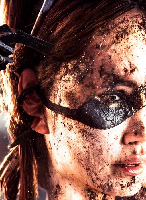 Prompt: a film still of lara croft as batgirl, her face muddy and sweat, direct sun light, close up potrait, cinematic,