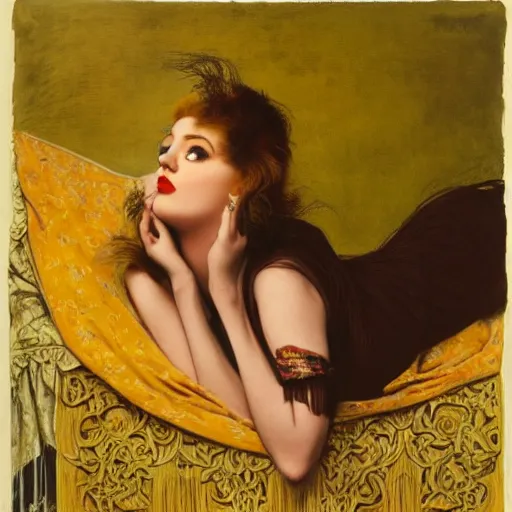 Image similar to hybrid of judy garland and lady gaga, brown fringe, large beautiful facial features, huge downslanted eyes, large full lips, full body shot, reclining bed cool stylish, yellow ochre ornate medieval dress, john william waterhouse, kilian eng, rosetti, john everett millais, william holman hunt, william morris, 4 k