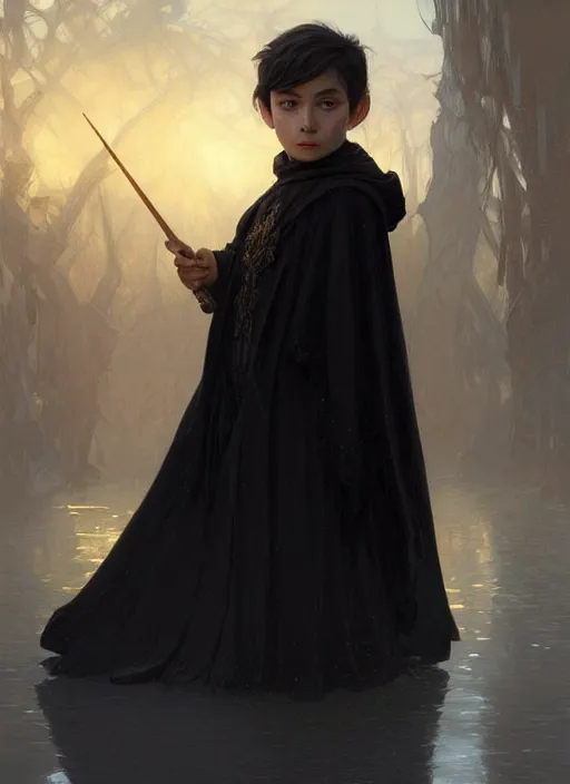 Image similar to perfectly - centered - portrait of a kid wearing black cloak holding stick, intricate, highly detailed, digital painting, artstation, concept art, smooth, sharp focus, illustration, unreal engine 5, 8 k, art by artgerm and greg rutkowski and alphonse mucha