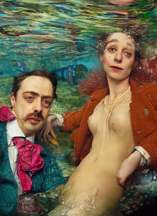 Image similar to detailed colourful masterpiece of photography by anne leibovitz couple portrait sat down extreme closeup, love, inside an underwater train, detailed realistic expressions, wearing unusual clothes, tsunami, by ford madox brown and william powell frith