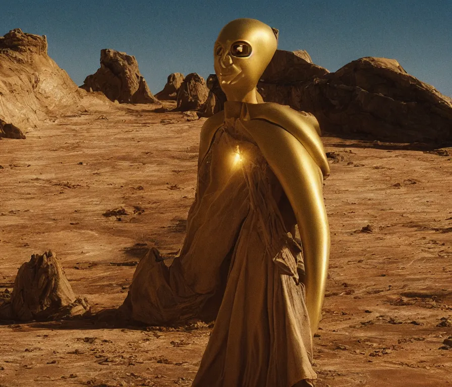 Image similar to glowing bene gesserit in full - face golden mask in a dry rocky desert landscape with abandoned city beneath the sand and giant alien spaceship in the sky attacks the earth by christopher doyle and alejandro jodorowsky, anamorphic lens, kodakchrome, cinematic composition, very detailed photo, 8 k,