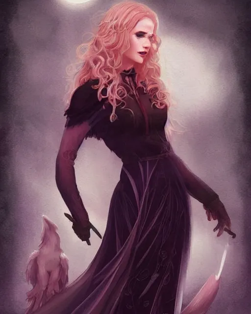 Image similar to tarot, beautiful wicked female occultist, sweeping ombre blonde hair, red eyes, black velvet dress, dark colors, magic Amulet, raven, fantasy painting, trending in Artstation, GSociety, by Charlie Bowater, Brom, Bastien Lecouffe-Deharme