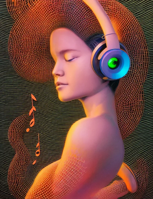 Prompt: 3 d goddess of music and 🔊 wide angle portrait with musical notes, headphones, subwoofers, and speakers. music, wave frequencies, cymatics. auditory symbiogenesis, synaesthesia, polyphonic communication, sonic projection, artwork by tooth wu and android jones wlop and android jones and beeple and greg rutkowski