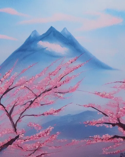 Prompt: a beautiful painting of peach blossoms on the clouds, brilliant peaks, dense fog, early morning, by by yoneyama mai, trending on artstation