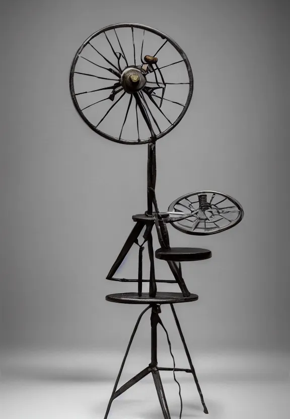 Image similar to a spinning wheel sitting on top of a stool, a surrealist sculpture by marcel duchamp, behance, fluxus, studio portrait, academic art, studio light