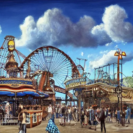 Image similar to a hyperrealistic painting of a steampunk amusement park, rollercoaster, towering ferris wheel, blue skies, fluffy clouds, by john kenn mortensen, highly detailed,