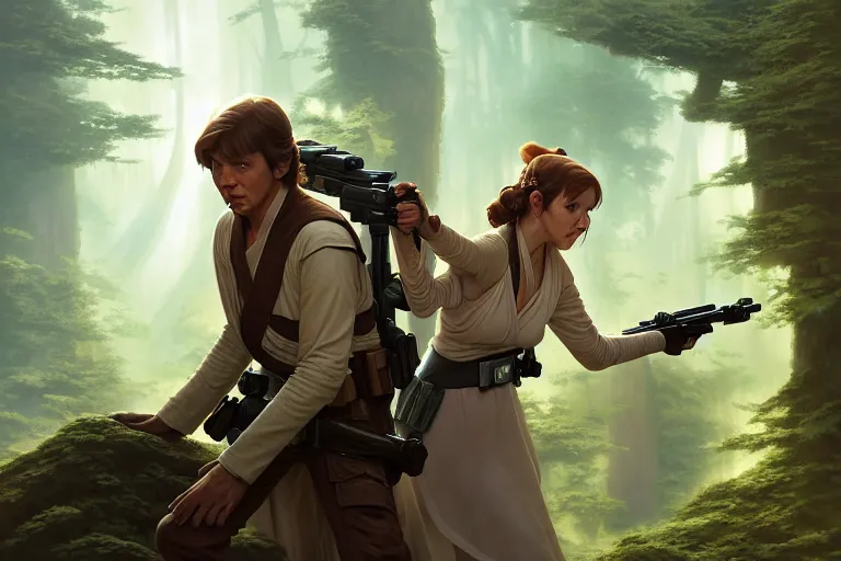 Prompt: star wars luke and leia on endor, jesper ejsing, james jean, justin gerard, tomasz alen kopera, cgsociety, fenghua zhong, makoto shinkai, octane render, highly detailed, rim light, art, cinematic lighting, very coherent, hyper realism, high detail, 8 k