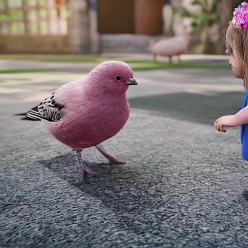 Prompt: a bird helping a little girl with learning to walk, 4k, hyperrealistic, focused, extreme details, masterpiece, unreal engine 5