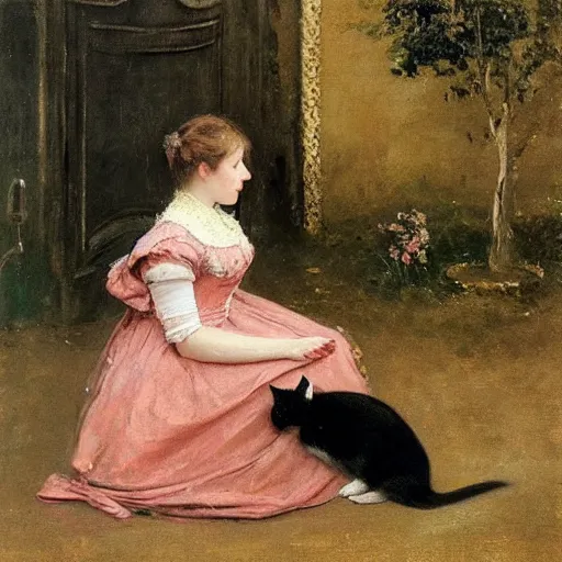 Image similar to young victorian lady in ball gown trying to pet a distressed cat, painted by alfred stevens