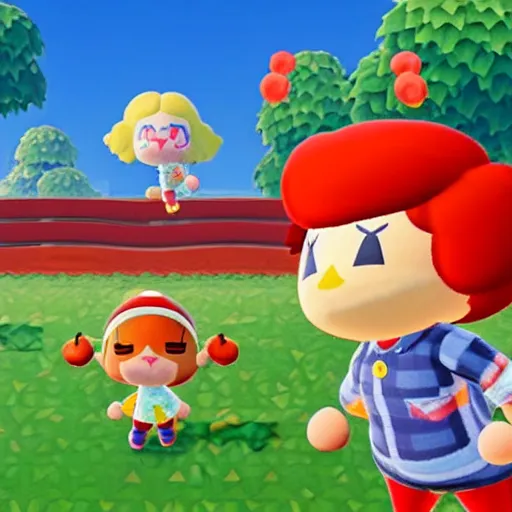 Image similar to ronald mcdonald fights a can of la croix, screenshot from animal crossing