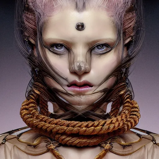 Image similar to portrait of a Shibari rope wrapped face and neck, headshot, insanely nice professional hair style, dramatic hair color, digital painting, of a old 17th century, old cyborg Njurse, amber jewels, baroque, ornate clothing, scifi, realistic, hyperdetailed, chiaroscuro, concept art, art by Franz Hals and Jon Foster and Ayami Kojima and Amano and Karol Bak,