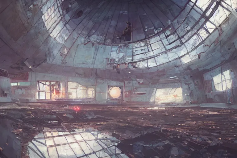 Image similar to A beautiful painting of inside in abandoned rusty space station from kindzadza, Trending on artstation.