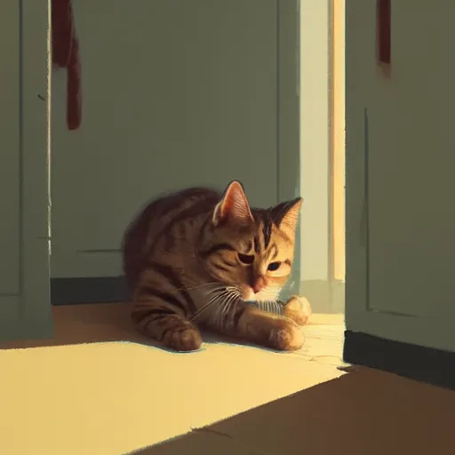 Image similar to close up of a cat stretching in a hallway, silhouette, warm colors, beautiful composition, by Atey Ghailan, by Craig Mullins, digital art, digital painting, trending on artstation,