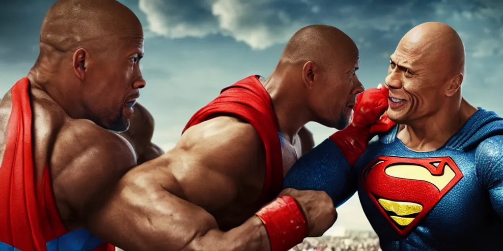 Image similar to kevin hart beating up the dwayne johnson in a superman costume, octane render, hyperdetailed