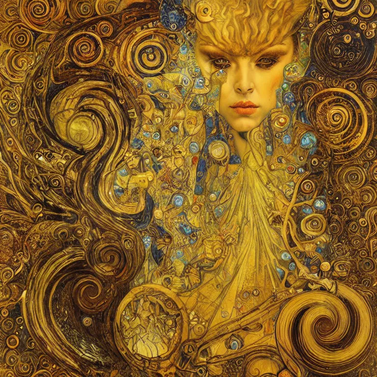 Image similar to Divine Chaos Engine by Karol Bak, Jean Deville, Gustav Klimt, and Vincent Van Gogh, celestial, visionary, sacred fractal structures, ornate gilded medieval icon, spirals