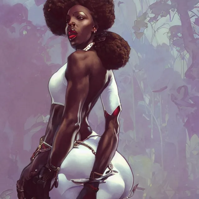 Image similar to african domme mistress, dominatrix full body, dominatrix, tribal, smooth white tight clothes suit, ornate, very beautiful, concept art, realistic painting, androgynous, afrofuturism, cgsociety, digital art by greg rutkowski, by alphonse mucha