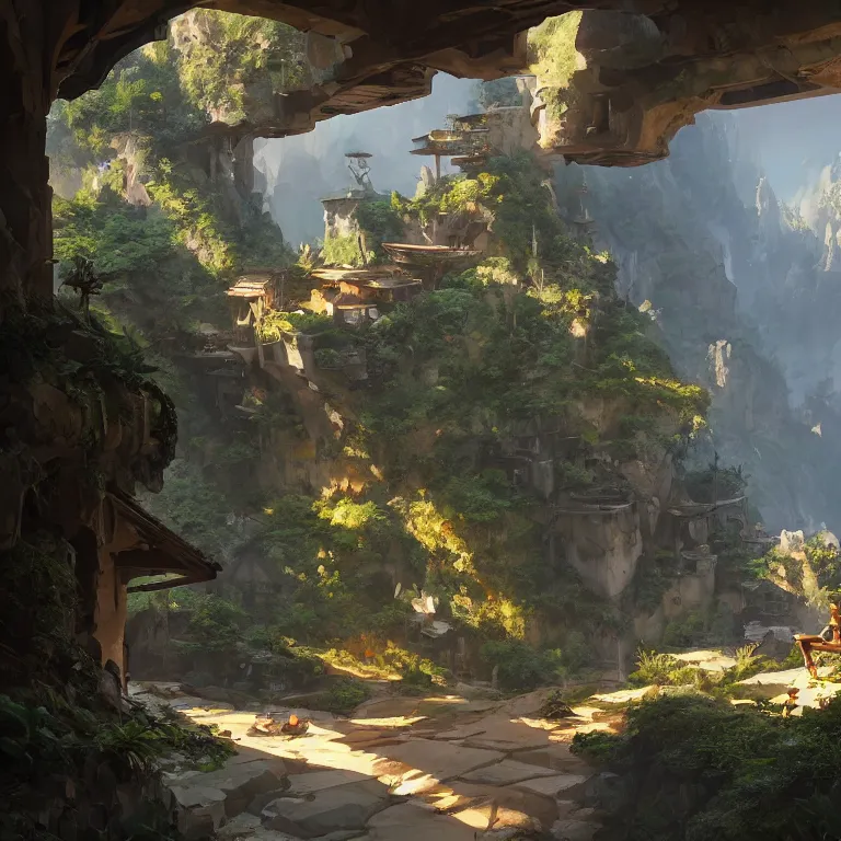 Prompt: secret overwatch living quarters carved inside a mountain surrounding a lush garden, trimmed, magical, natural light, fantasy, minimalist architecture, sharp focus, concept art, by greg rutkowski and craig mullins, atmospheric, octane render