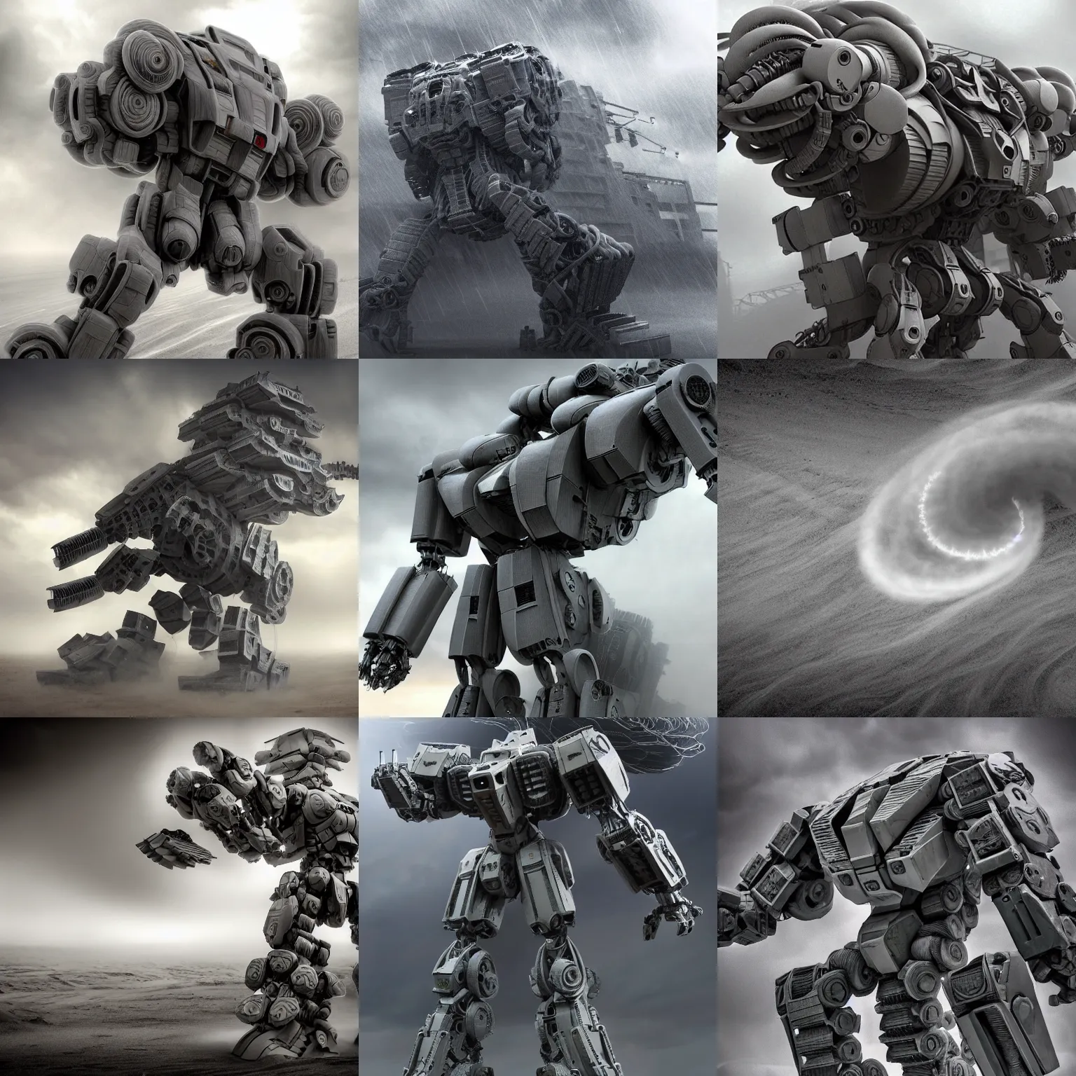 Prompt: massive interwoven gray sandstorm swirling, rotating, spinning whirlwind, intertwined surrounding a ruin humanoid mech trunk, sandstorm, windstorm, winter storm, turnado, armored core trunk, pacific rim jaeger, gear, wire, screw, nut,