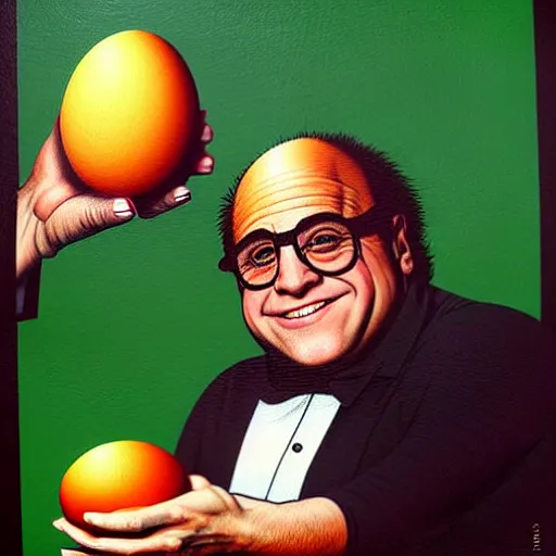 Prompt: portrait of danny devito!!!!!!!!!! holding an egg, painting by greg hildebrandt.