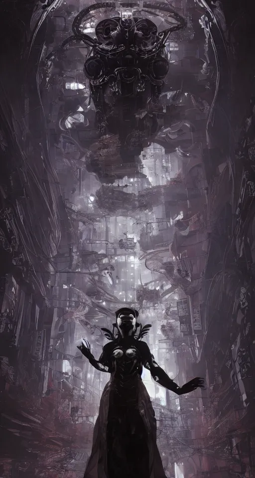 Image similar to dystopian, a dreamland of chinese ukiyo - e, gothic diablo art, rococo art, 4 k post processing. asymmetrical, portrait of an alien with large tubes in face in the style of, ghost in the shell, machine face, intricate, elegant, dramatic lighting concept art by craig mullins and ruan jia and raphael lacoste, trending on artstation