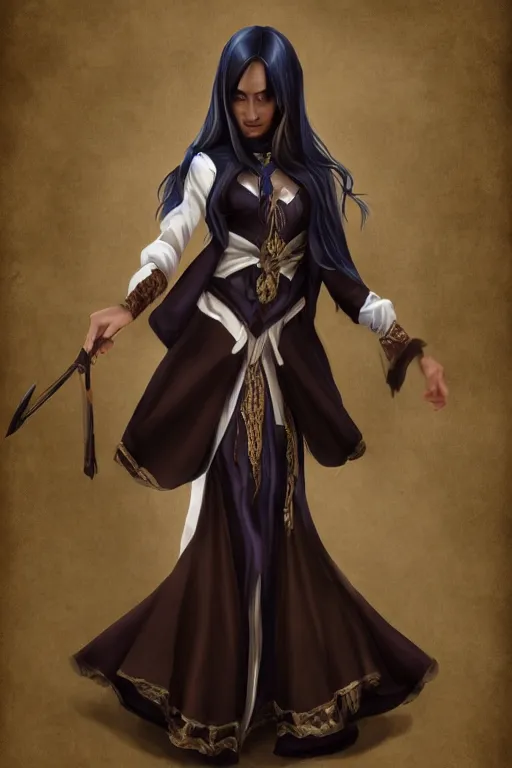 Prompt: Pretty 40 years old Master Illusionist lady, dark brown skin, dark brown hair, straight hair, Dark blue and White robes, multiple floating swords, wife, high fantasy, love interest, artstation, trending in deviantart, artstationHD, by Da Vinci artstationHQ