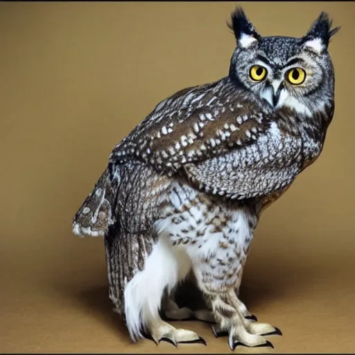 Prompt: owl and cat hybrid that has wings and body of an owl and head of a cat