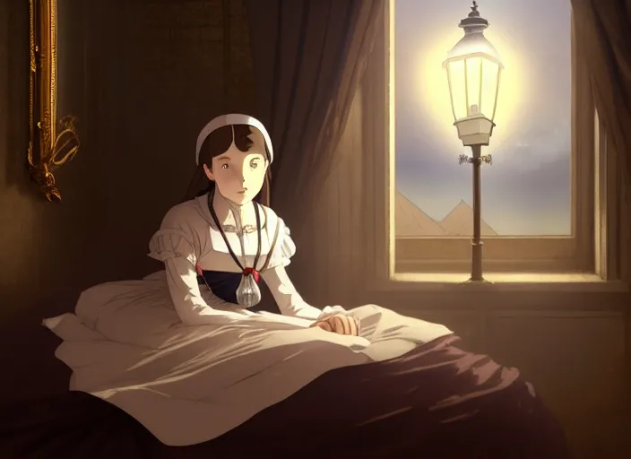 Image similar to victorian britain 1 8 3 6, 1 6 year old florence nightingale, has a vision of god telling her to become a nurse, in a luxurious english victorian bedroom, night time, lamp light, finely detailed perfect art, gapmoe yandere grimdark, trending on pixiv fanbox, painted by greg rutkowski makoto shinkai takashi takeuchi studio ghibli