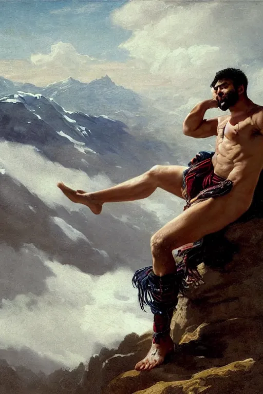 Prompt: a homoerotic portrait by greg rutkowski and albert bierstadt and bill ward of a shirtless thick desi hiker on a mountain peak | he is wearing a revealing tartan kilt, cowboy hat, and leather boots | background is snowy mountains and clouds | detailed face, ethereal, dreamlike | trending on artstation