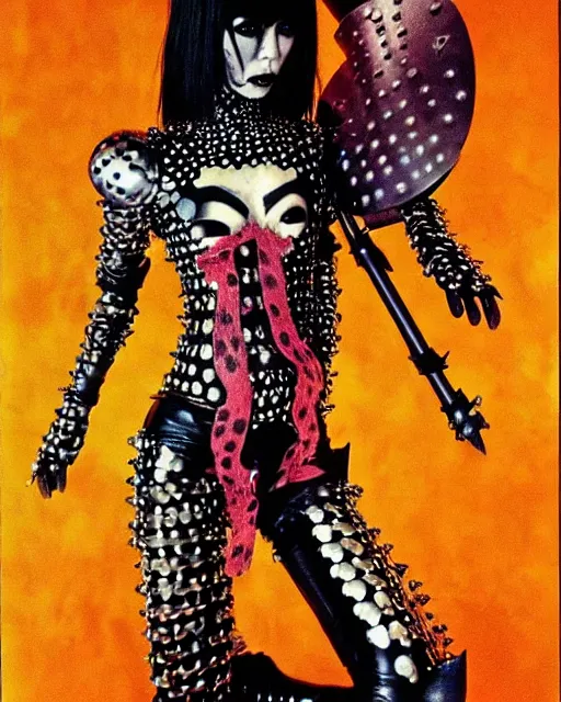 Image similar to portrait of a skinny punk goth yayoi kusama wearing armor by simon bisley, john blance, frank frazetta, fantasy, thief warrior, colourful fur!!